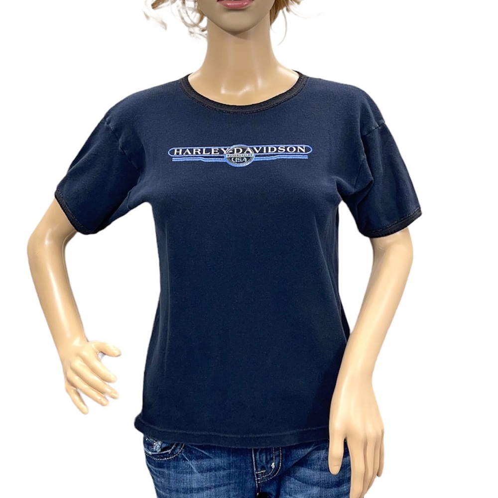 HARLEY-DAVIDSON Vintage Women’s Dark Navy Blue Short Sleeve Tee Shirt Sz Medium